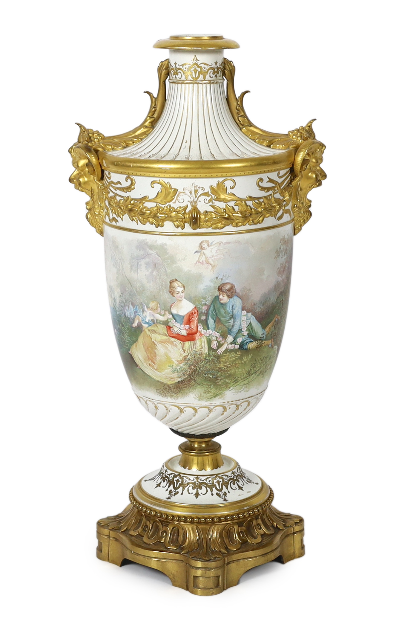 A large French porcelain and ormolu mounted vase, late 19th century, wear to gilding